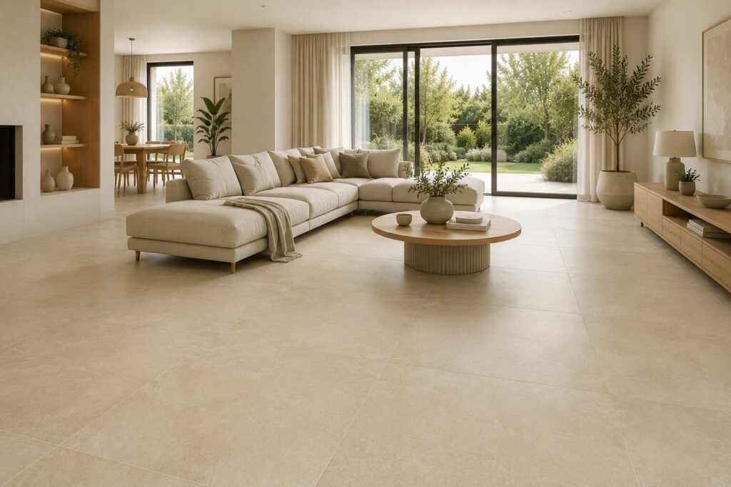carrelage facile entretien beige grand format dans un salon moderne