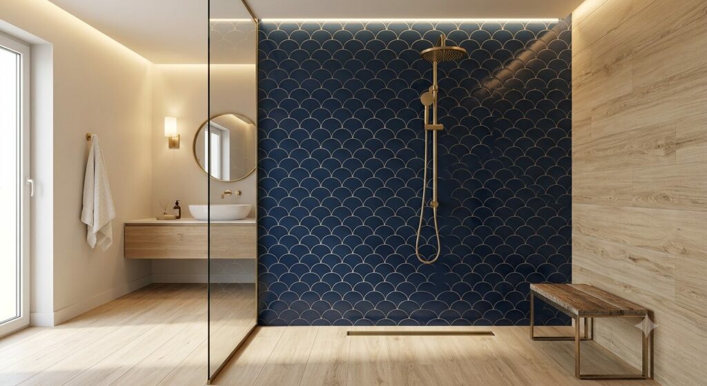 carrelage ecaille de poisson bleu salle de bain