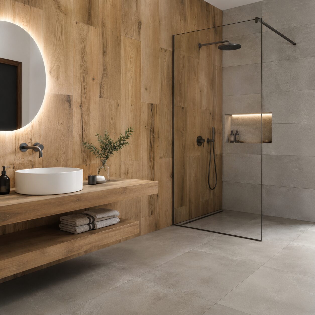 Carrelage effet ciment avec bois naturel