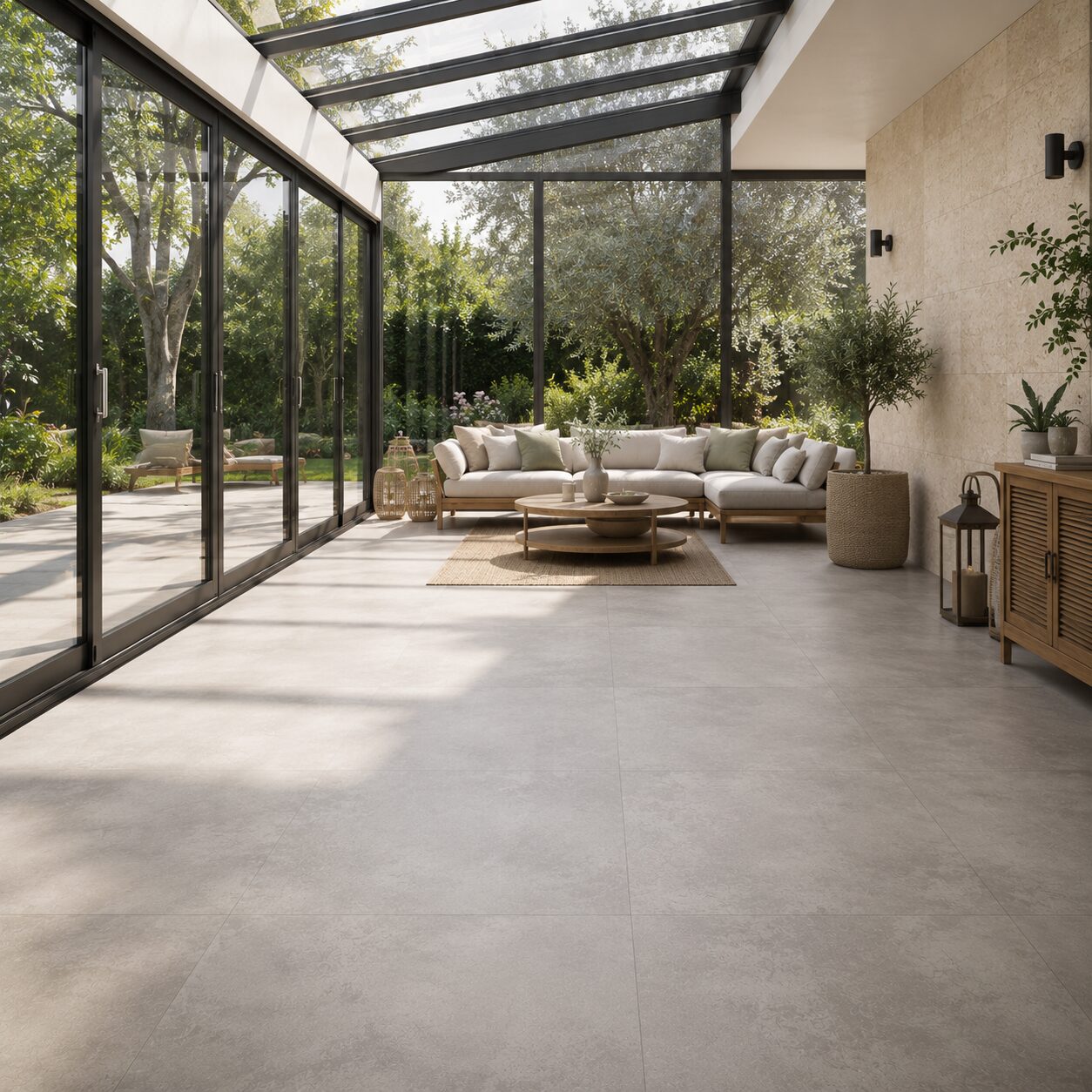 Carrelage effet ciment avec baies vitrées