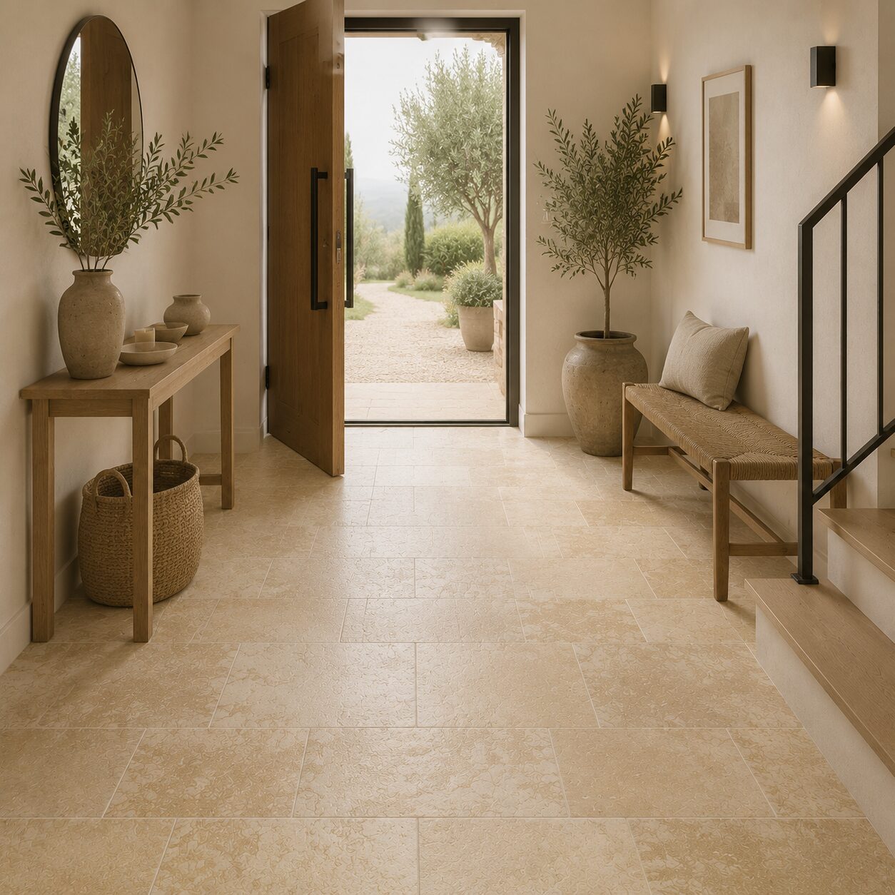 Entrée de maison avec carrelage imitation pierre de Bourgogne clair