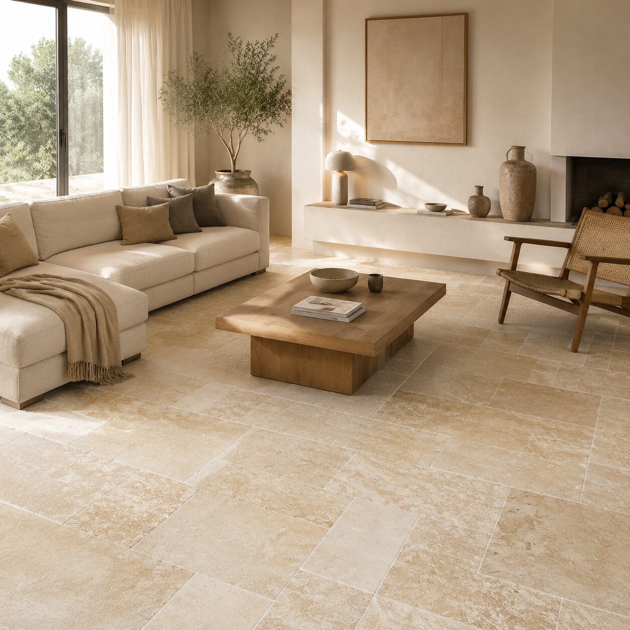 Salon lumineux avec carrelage pierre de Bourgogne et mobilier en bois
