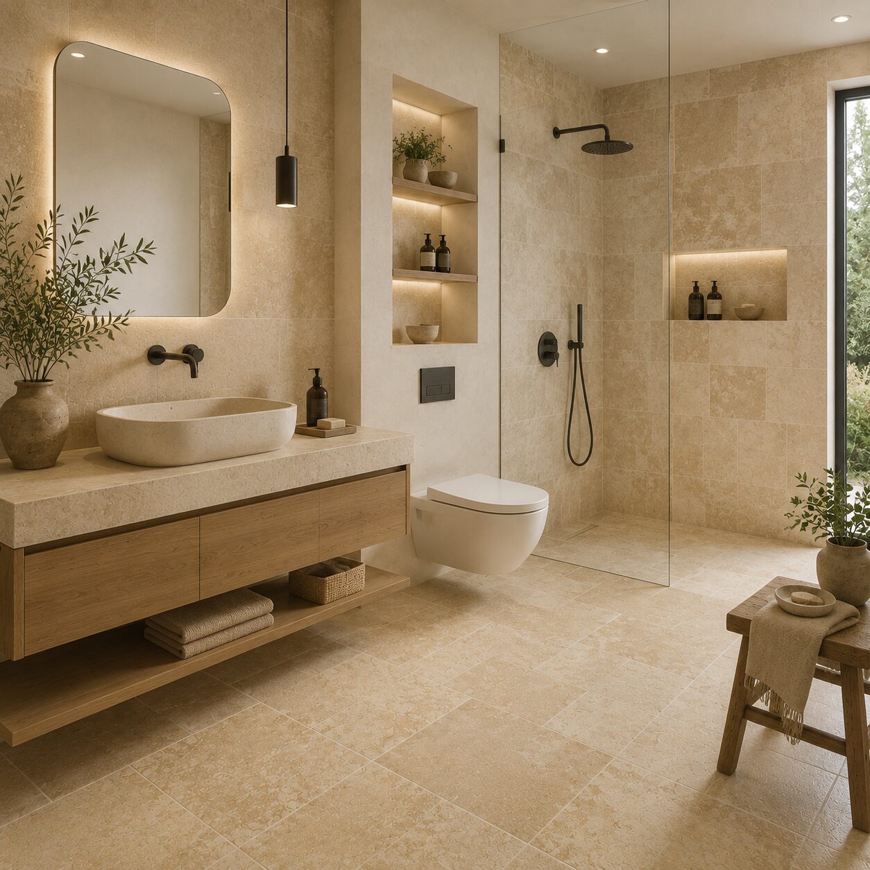 Salle de bain avec carrelage pierre de Bourgogne et meubles en bois