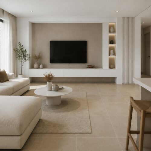 carrelage taupe associé avec du blanc
