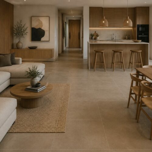 carrelage taupe associé avec du bois naturel