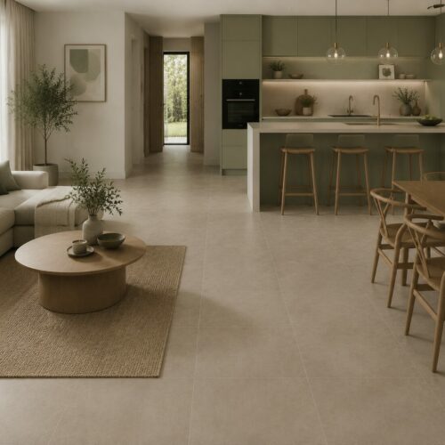 carrelage taupe associé avec du vert sauge